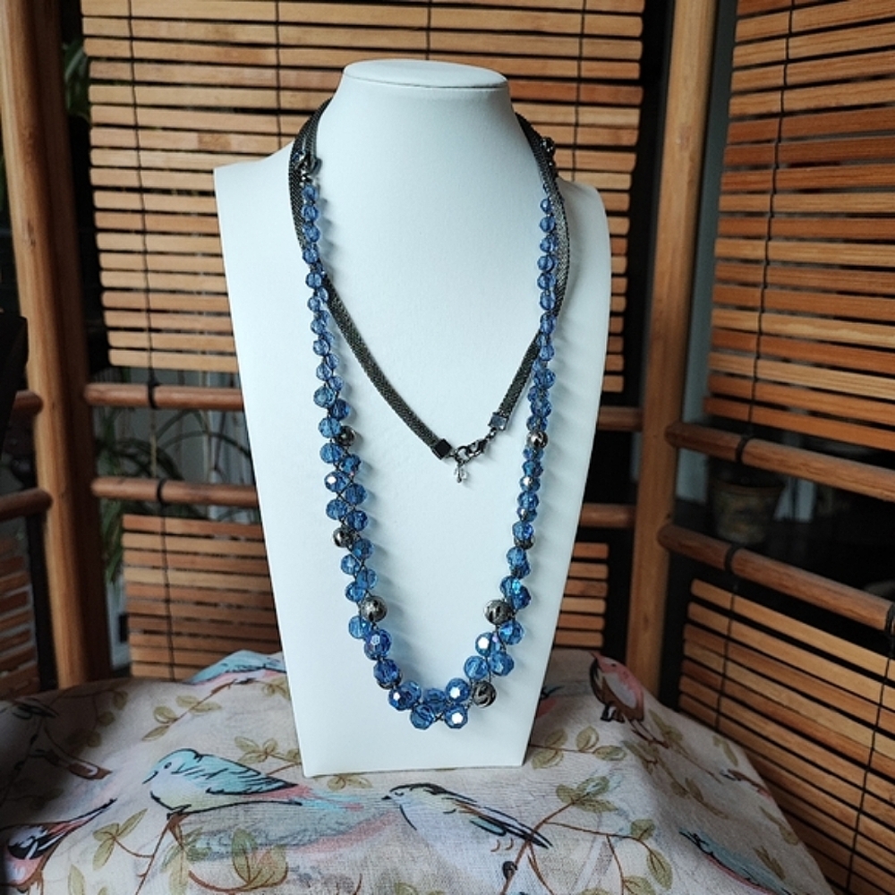 Blue Glass Gunmetal Mesh Extra Long Faceted Crystal Wire Chain  Necklace EUC